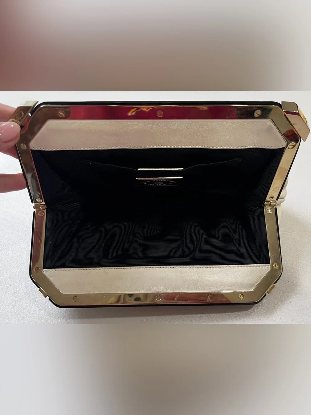 Bally Vintage Ivory Leather Frame Clutch Bag Black Resin Frame Gold Hardware